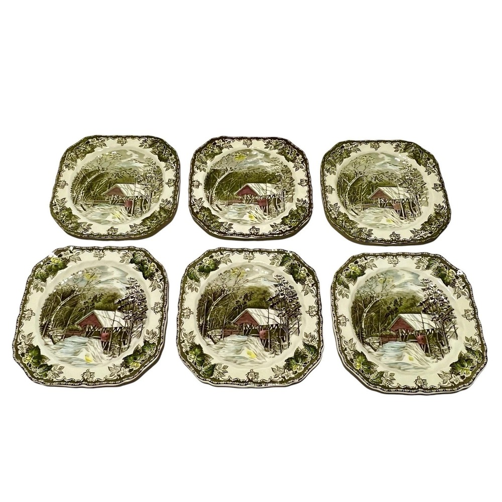 6 Johnson Friendly Village Covered Bridge7 1/2" Square Salad Plates